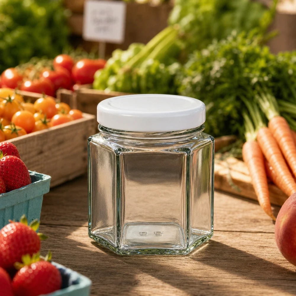 47ml Hexaglas mit weißem BasicSeal Deckel auf Holztisch zwischen frischem Gemüse - ideal für Gewürze und Kräuter
