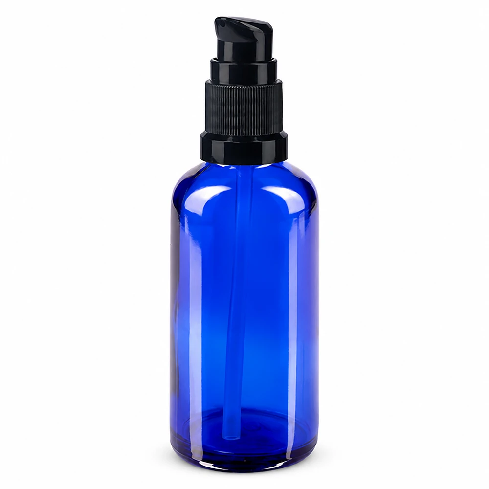 Apothekenflasche blau 50ml PumpVerschluss schwarz Standard Kobaltblaue 50ml Pumpflasche aus hochwertigem Apothekenglas mit schwarzem Spender