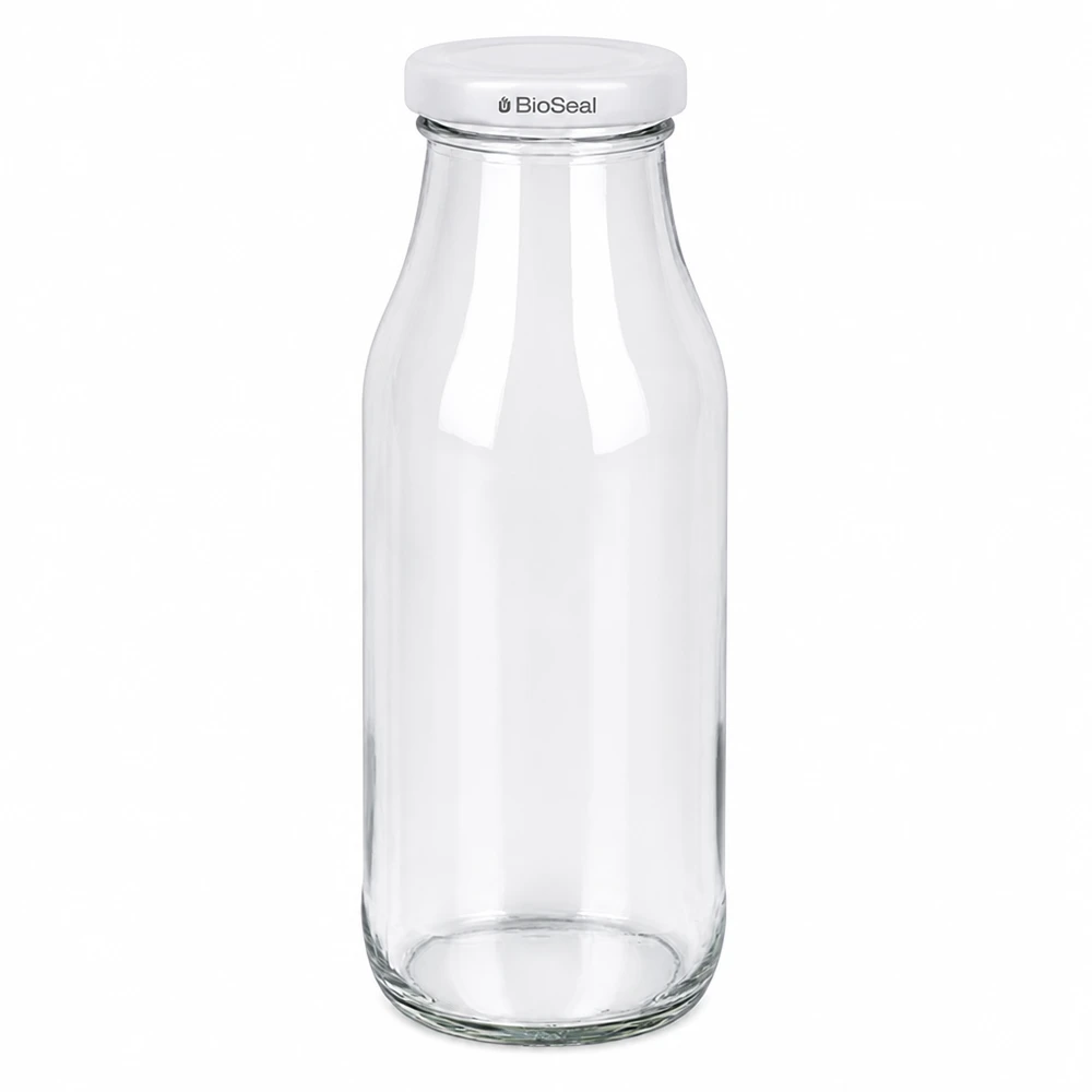 263ml Flasche mit BioSeal Deckel weiß UNiTWIST Elegante UNiTWIST Glasflasche 263ml mit weißem BioSeal Deckel für Milch Saft und Getränke zum sicheren Aufbewahren