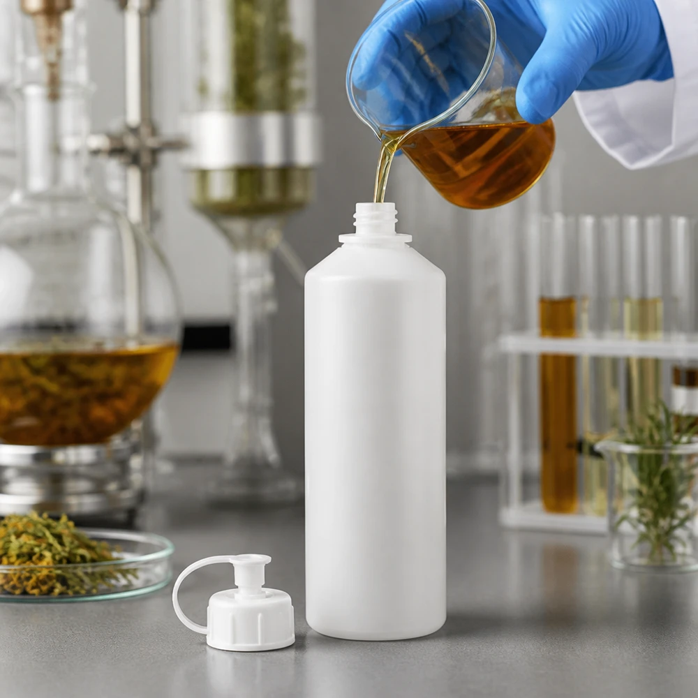 Abfüllung von goldgelbem Naturextrakt in weiße 100ml Flasche mit Spritzverschluss im Labor
