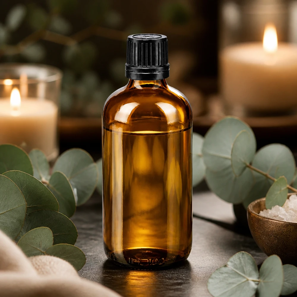 Apothekerflasche 100ml braun mit 1mm Tropfeinsatz neben Kerzen und Meersalz