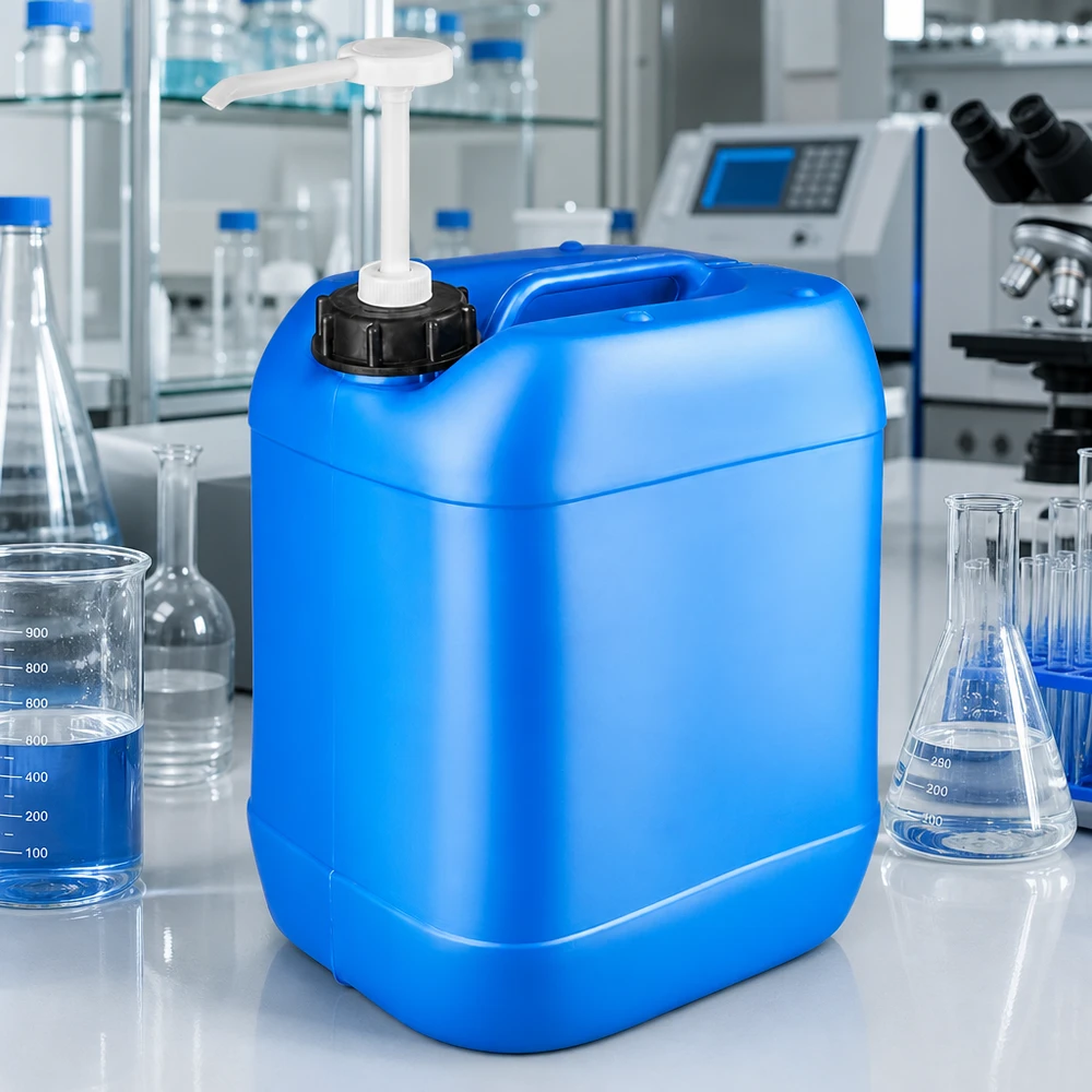 Kanister 20 Liter blau mit Dosierpumpe HDPE Kanister 20 Liter in Blau mit Pumpspender neben Laborkolben und Bechergläsern