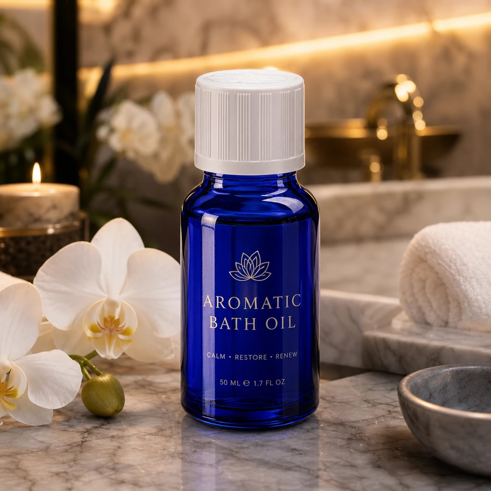 Blaues Apothekerglas mit Tropfeinsatz 1,2mm für Badöl in luxuriösem Spa-Ambiente