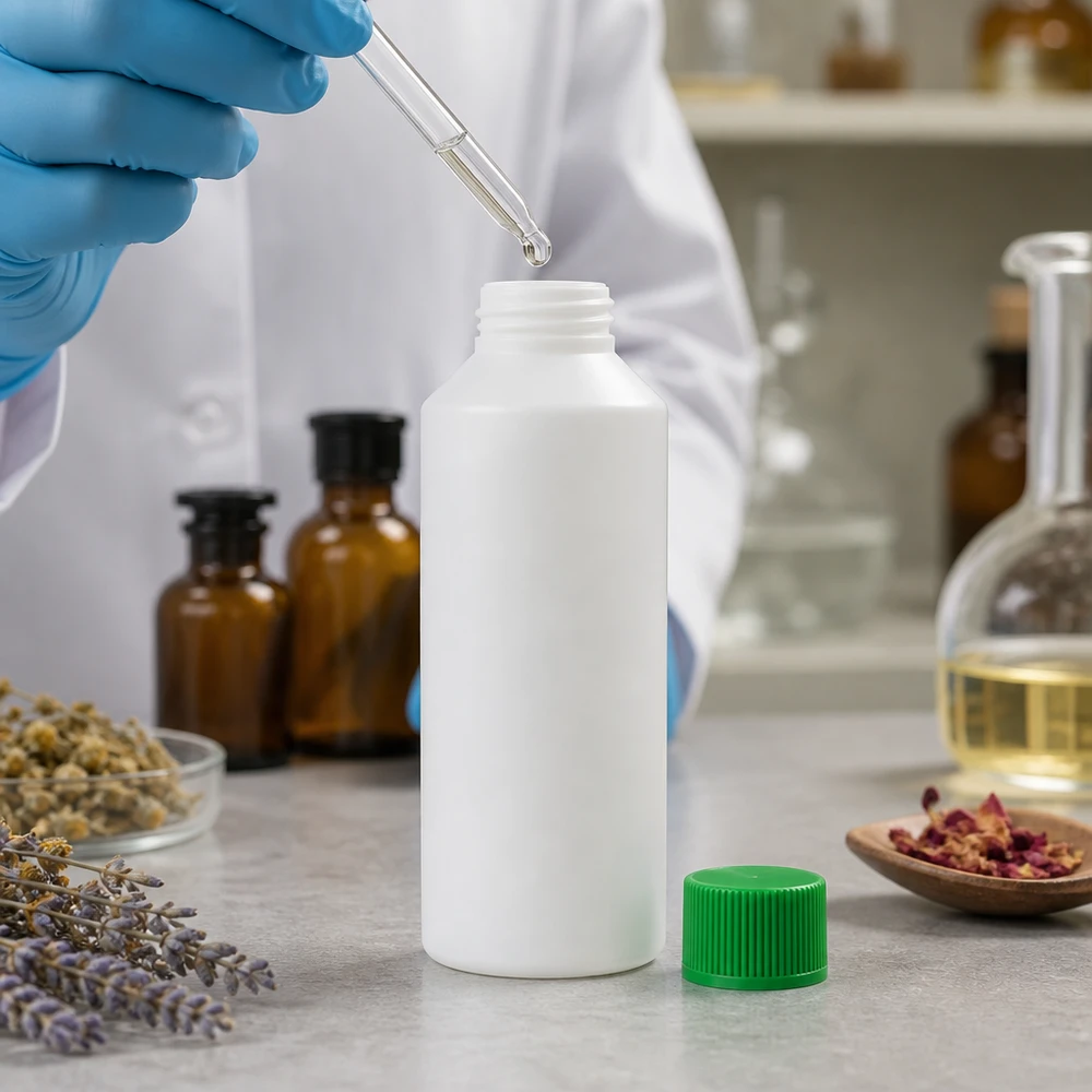 Kleine weiße Laborflasche 100ml HDPE mit grünem Schraubverschluss und Pipette