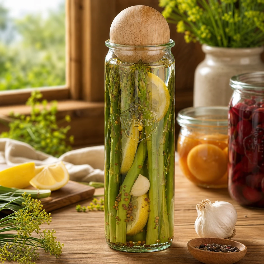 WECK Einmachglas 600ml mit eingelegtem Spargel und Zitrone Holzdeckel Buche Fermentierung Konservierung