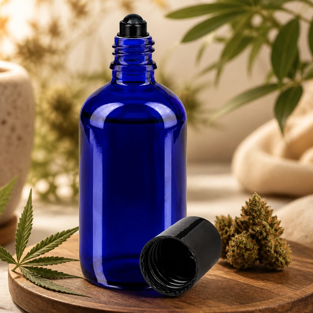 100ml kobaltblaue Glasflasche mit schwarzem Rollkugelverschluss für CBD-Öl und Naturkosmetik