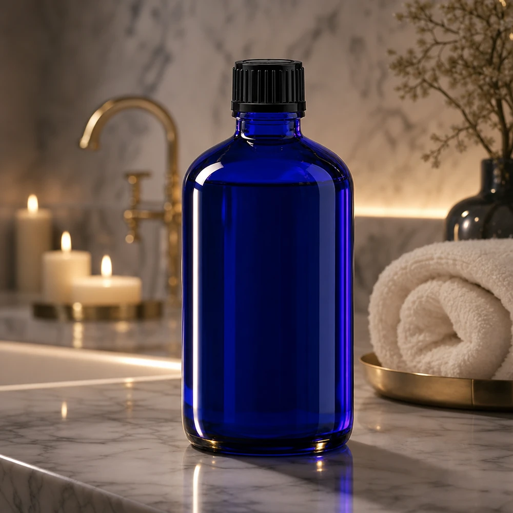 Apothekenflasche blau 100ml Schraubverschluss schwarz Standard Kobaltblaue 100ml Apothekerflasche SV STD neben Kerzen und weißem Handtuch