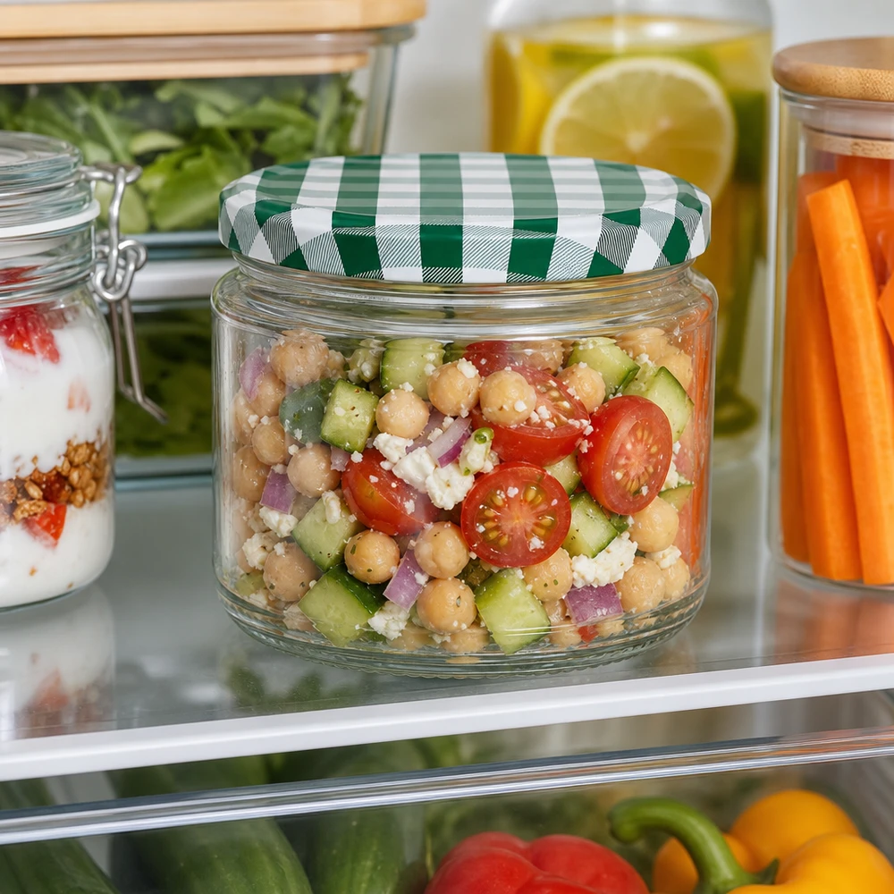 330ml Rundglas + BasicSeal Deckel grün/weiß UNiTWIST 330ml Rundglas mit Kichererbsen-Salat im Kühlschrank, grün-weißer BasicSeal Deckel, praktische Meal-Prep Aufbewahrung