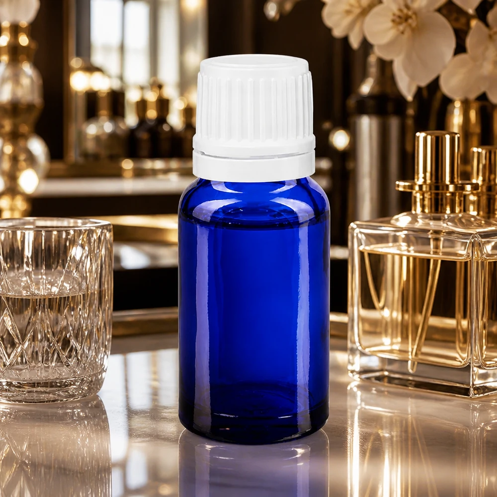 Apothekenflasche blau 10ml Schraubverschluss weiß Originalitätsverschluss 10ml UV-Schutz Glasflasche in Royalblau mit kindersicherem weißem Verschluss 11mm