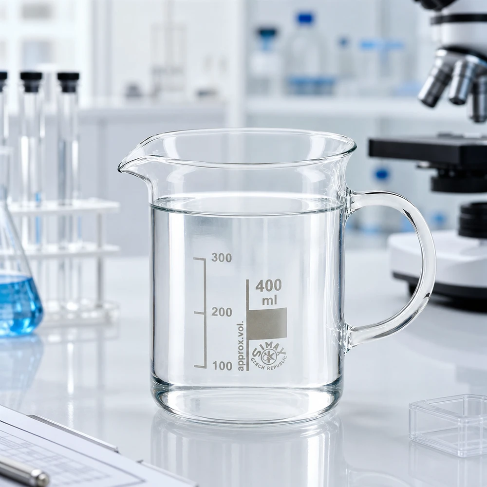 Becherglas 400ml Borosilikatglas, mit Henkel Becherglas 400ml mit Henkel Simax Borosilikatglas mit Ausgießer für präzises Dosieren im Labor