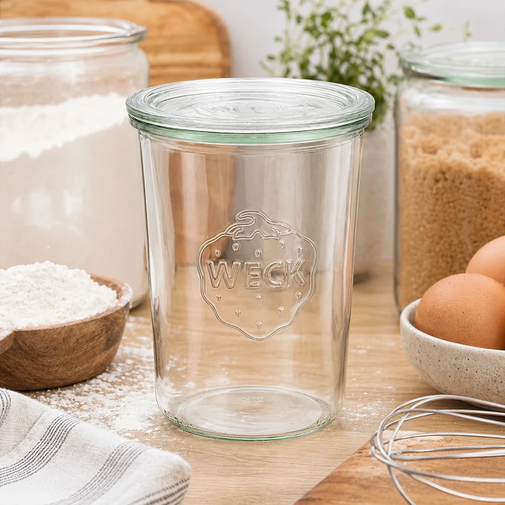 WECK Einmachglas 850ml RR100 in Küchenumgebung mit Mehl Eiern und Küchenutensilien Sturzglas mit Glasdeckel