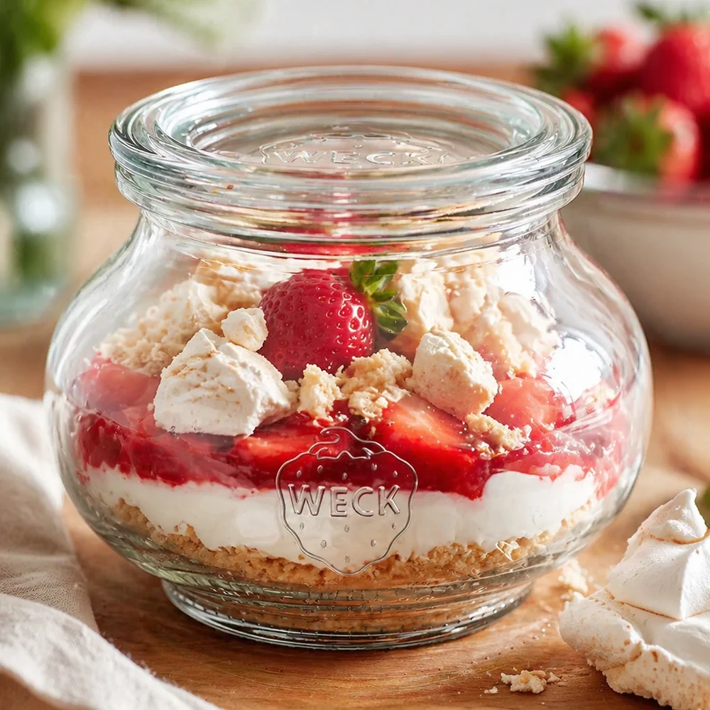 WECK Schmuckglas 220ml RR60 als Dessertglas mit Erdbeeren Sahne und Keksboden geschichtetes Tiramisu