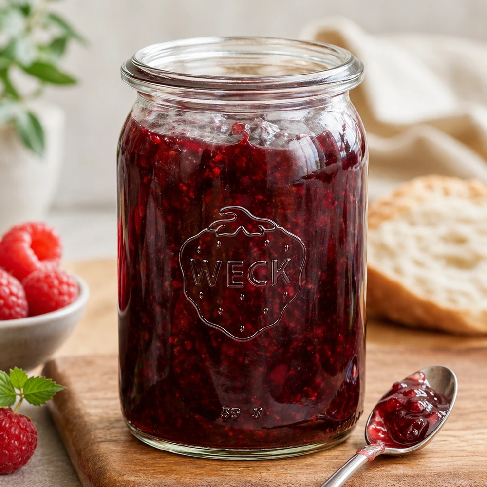 WECK RR40 Einmachglas 145ml mit roter Marmelade befüllt und Löffel auf Holzbrett neben Erdbeeren und Brot