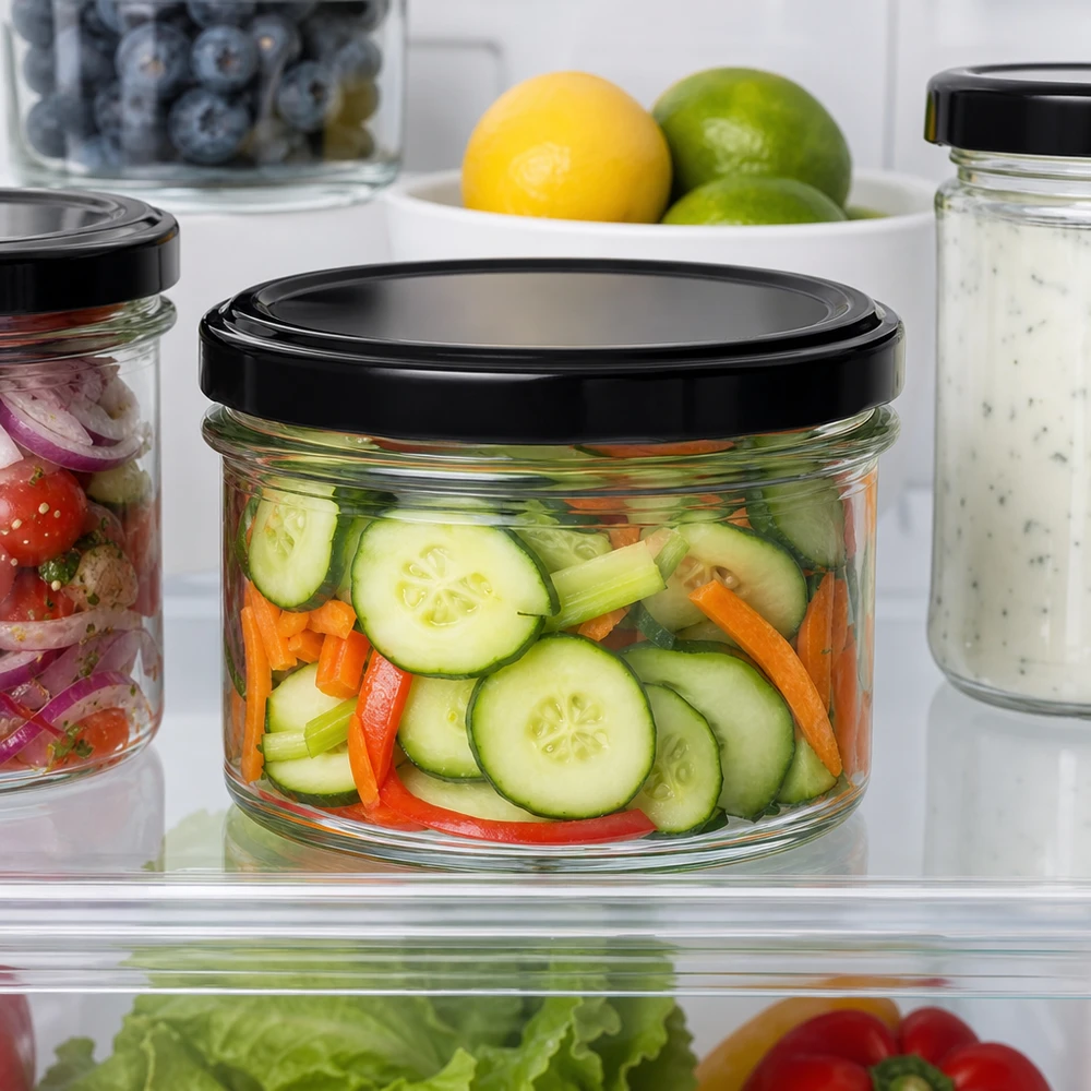 225ml Sturzglas mit BasicSeal Deckel schwarz UNiTWIST 225ml Sturzglas mit schwarzem Deckel voller geschnittenes Gemüse im Kühlschrank - praktische Meal Prep Aufbewahrung
