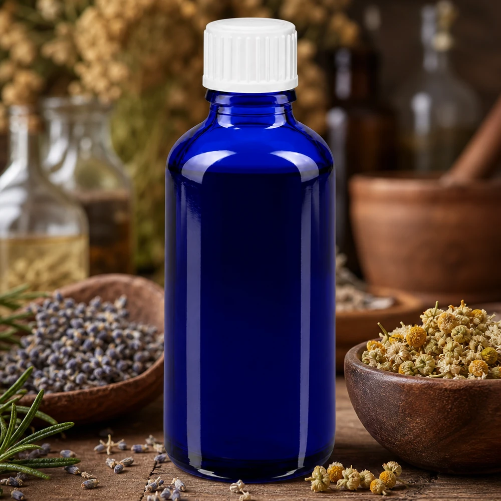 Apothekenflasche blau 50ml Schraubverschluss weiß Globuli Standard Kobaltblaue Standardflasche 50ml aus Apothekerglas mit 3mm Mündung und Kräuterdekoration