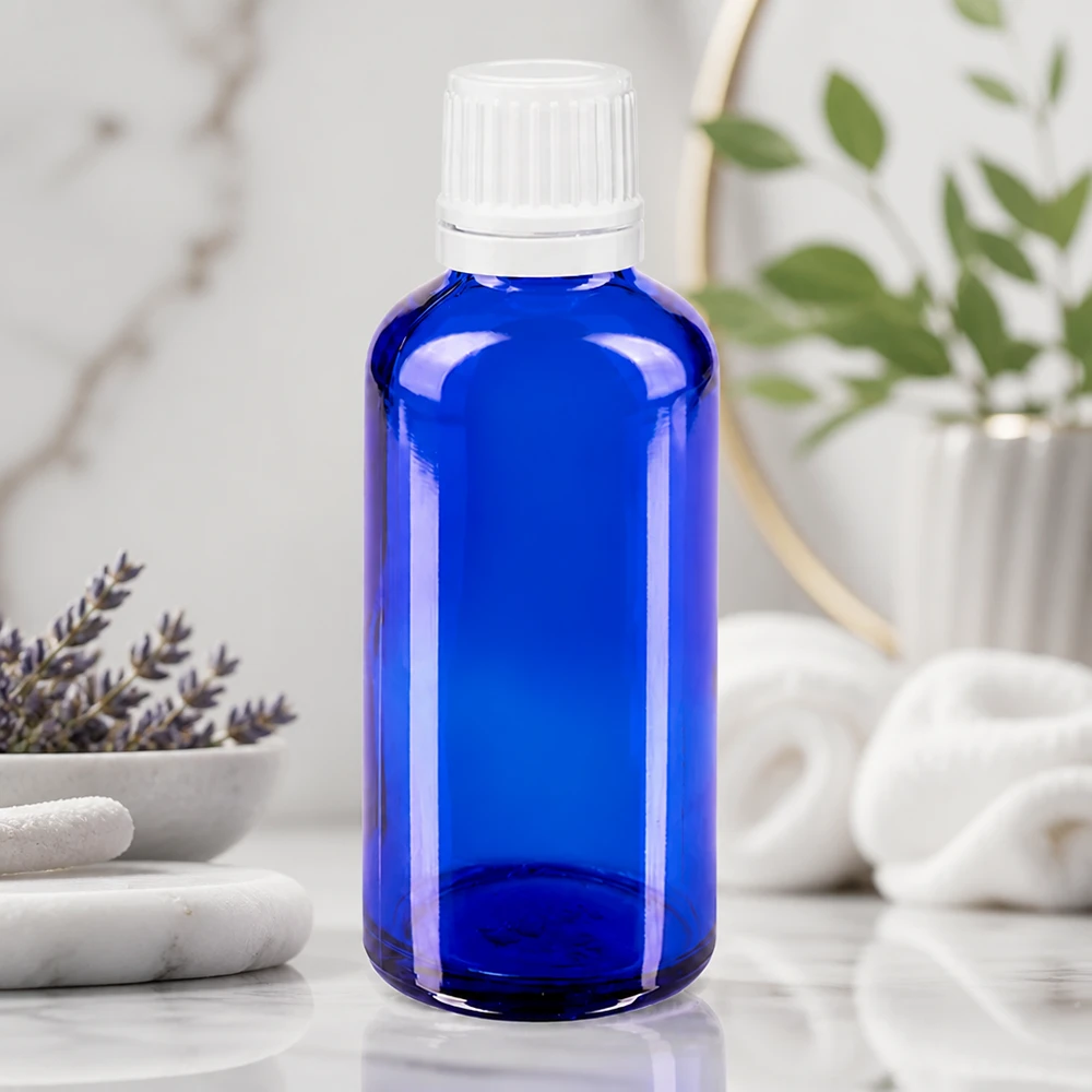 Apothekenflasche blau 50ml Tropfverschluss 1.2mm weiß Originalitätsverschluss Kobaltblaue 50ml Tropfflasche aus hochwertigem ApoGlas mit OV Verschluss 0,7mm