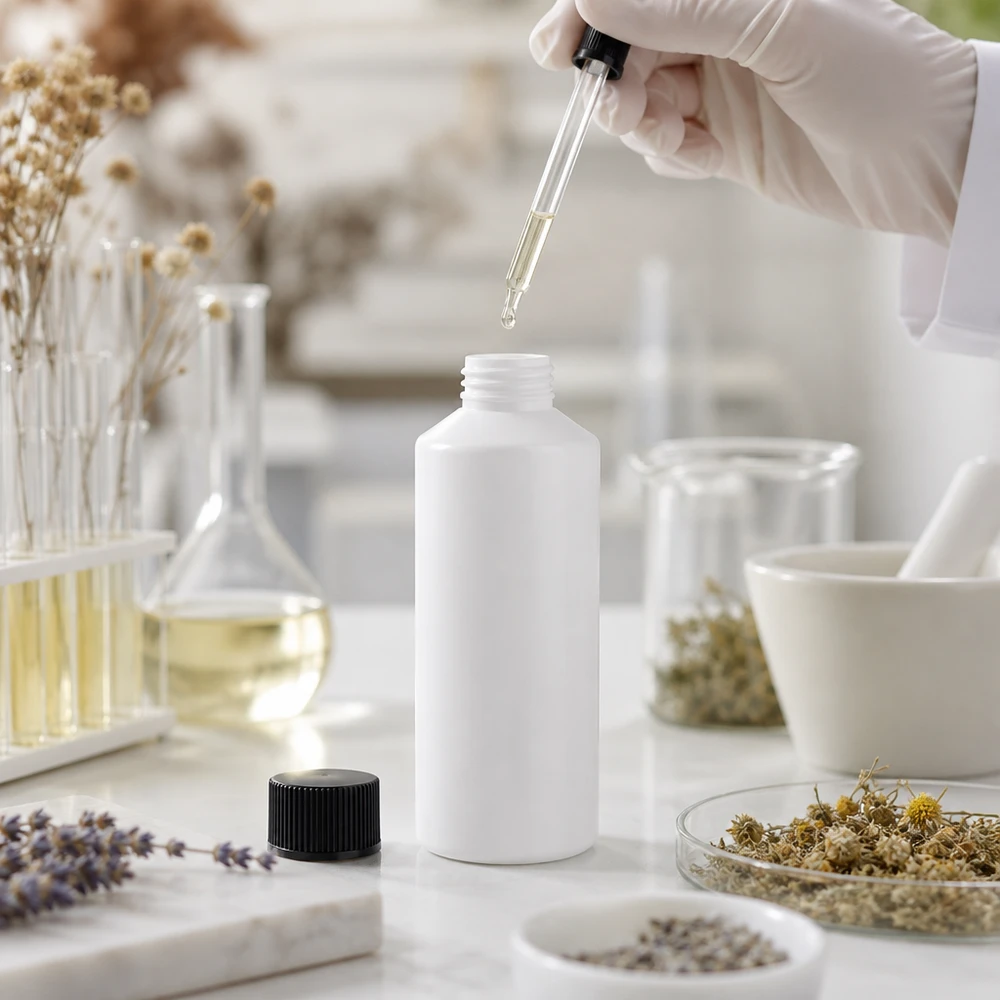 Leere weiße HDPE Apothekenflasche 100ml mit abgenommenem schwarzen Verschluss auf Marmorfläche