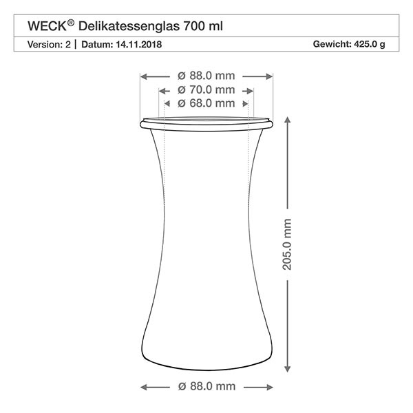 700ml Delikatessenglas WECK RR80 mit Korken natur Technische Zeichnung WECK RR80 Delikatessenglas 700ml mit Maßangaben und Abmessungen für optimale Küchenplanung