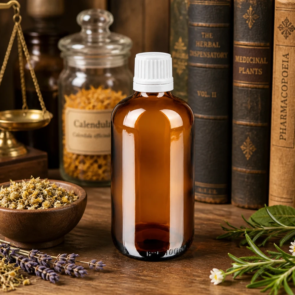 Apothekenflasche braun 100ml Tropfverschluss 1.2mm weiß Originalitätsverschluss Apothekerflasche 100ml Braunglas neben Heilkräutern Lavendel und alten Pharmakopöe Büchern