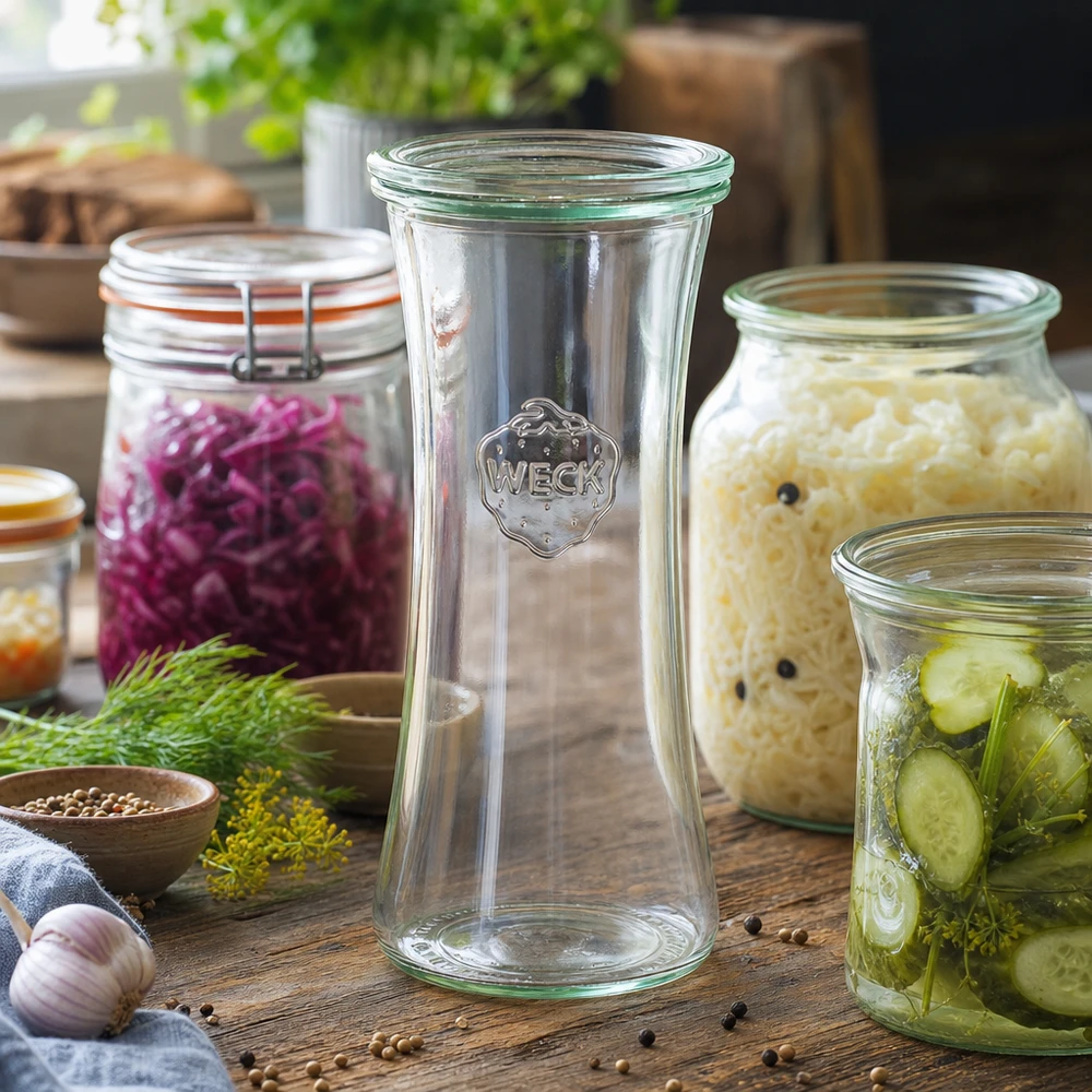 WECK 700ml Delikatessenglas RR80 inmitten bunter Fermente und eingelegtem Gemüse - vielseitiges Einmachglas für Küche