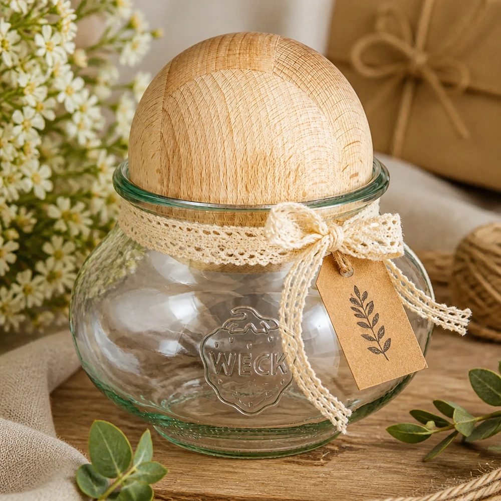 WECK Schmuckglas RR100 1062ml mit Buchenholzkugel dekorativ arrangiert mit Spitzenband, Geschenkanhänger und Blumen