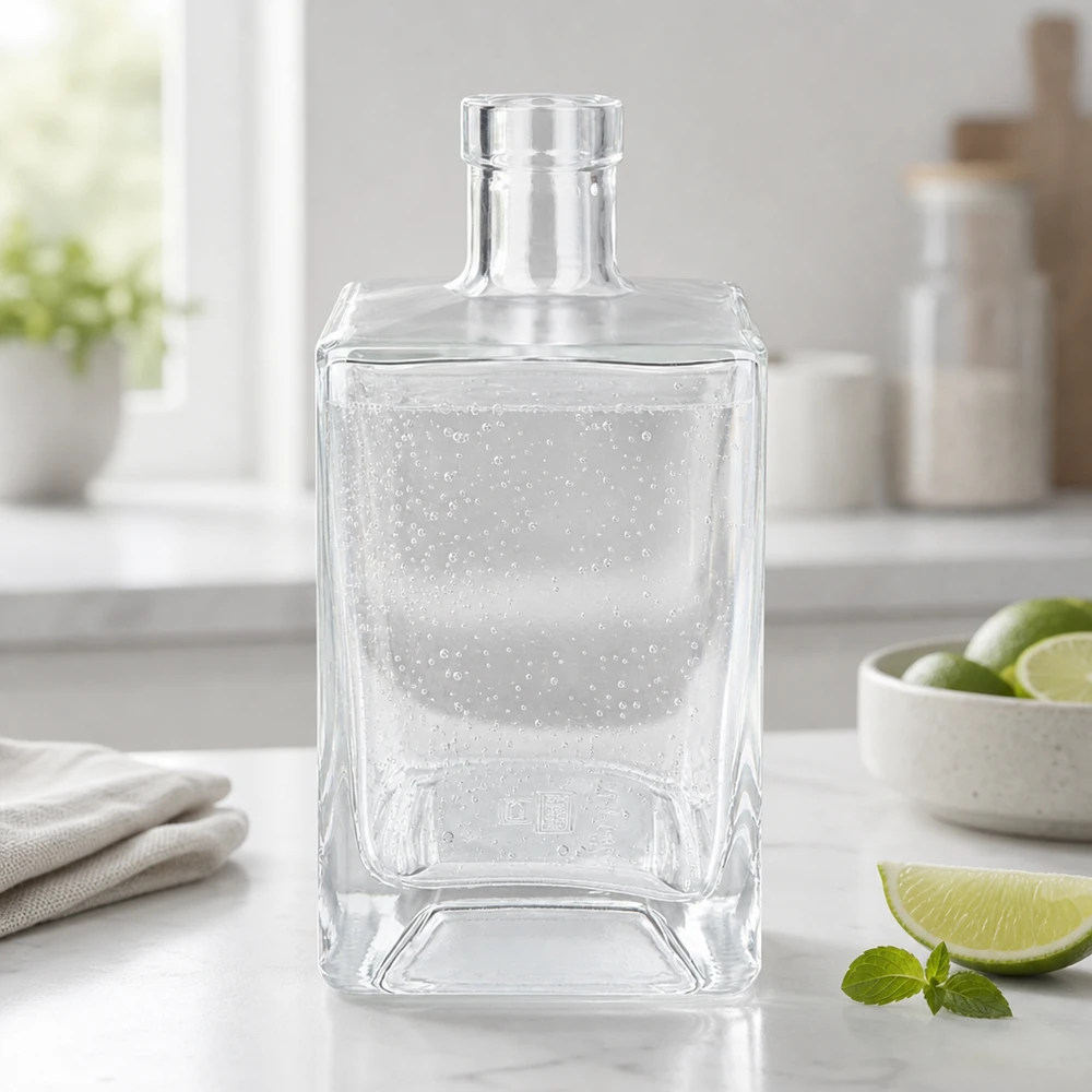 700ml Glasflasche Ben mit Mineralwasser befüllt in moderner Küche neben Limetten und Minze erfrischend