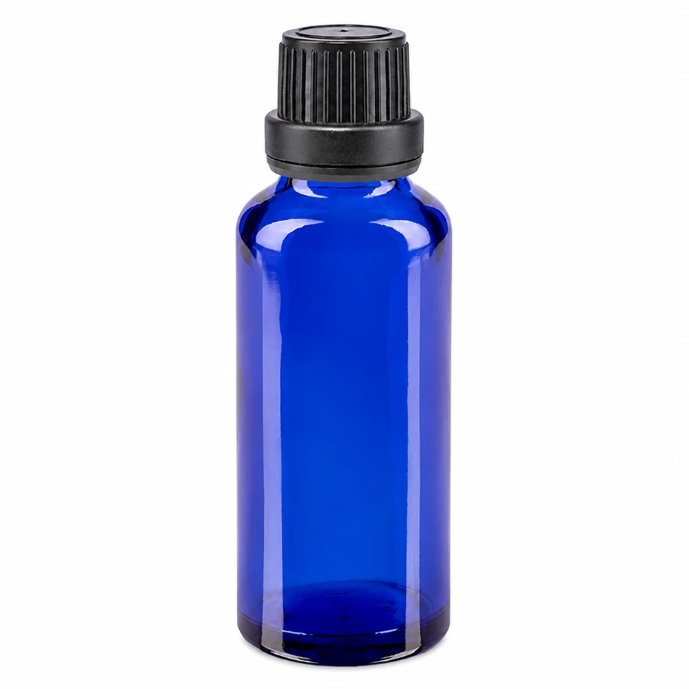 Apothekenflasche blau 30ml Schraubverschluss schwarz Dichteinlage Originalitätsverschluss Blaue Glasflasche 30ml Apotheker Design mit kindersicherem OV Verschluss schwarz 11mm