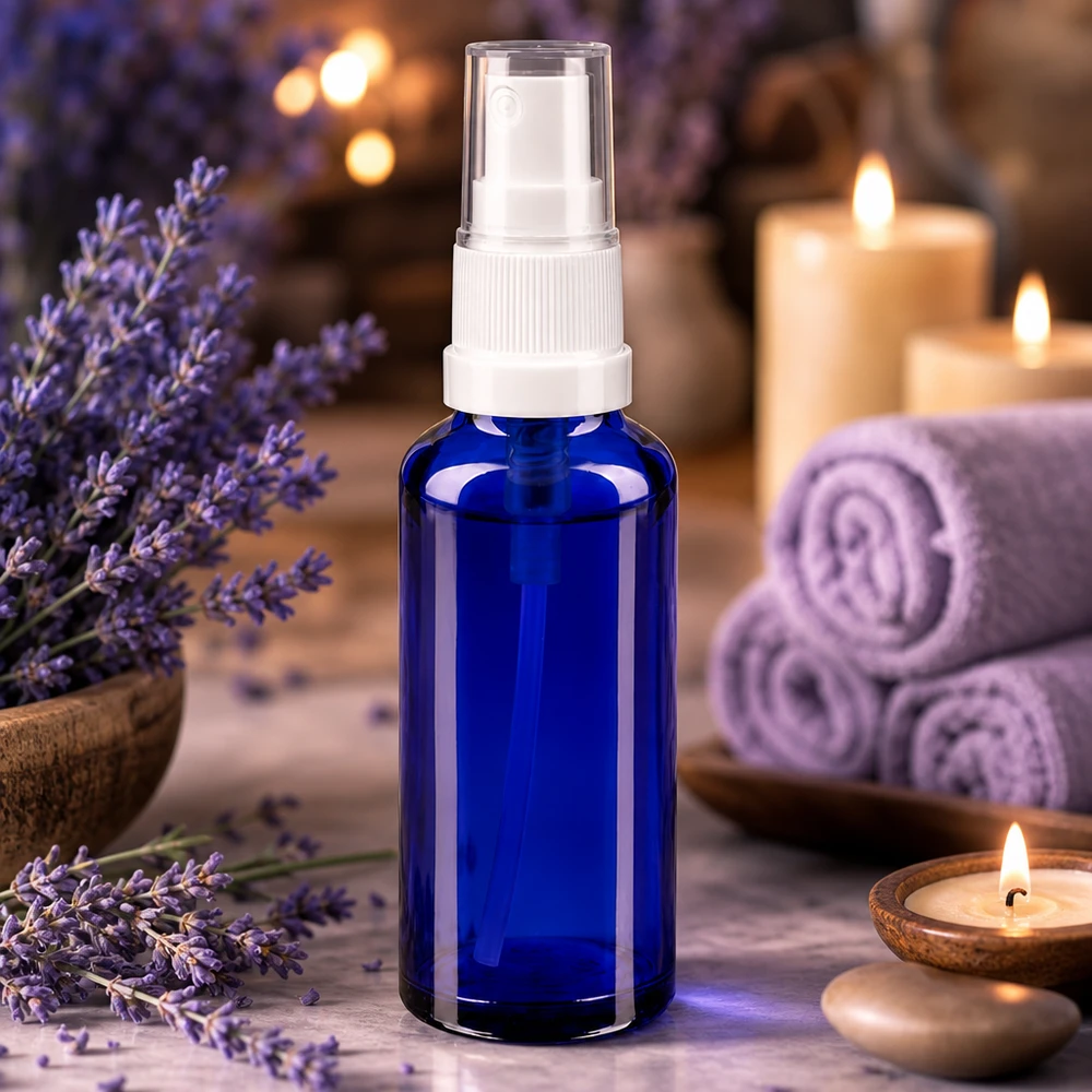 Kobaltblaue Glassprayflasche 10ml mit transparenter Schutzkappe in Spa Atmosphäre