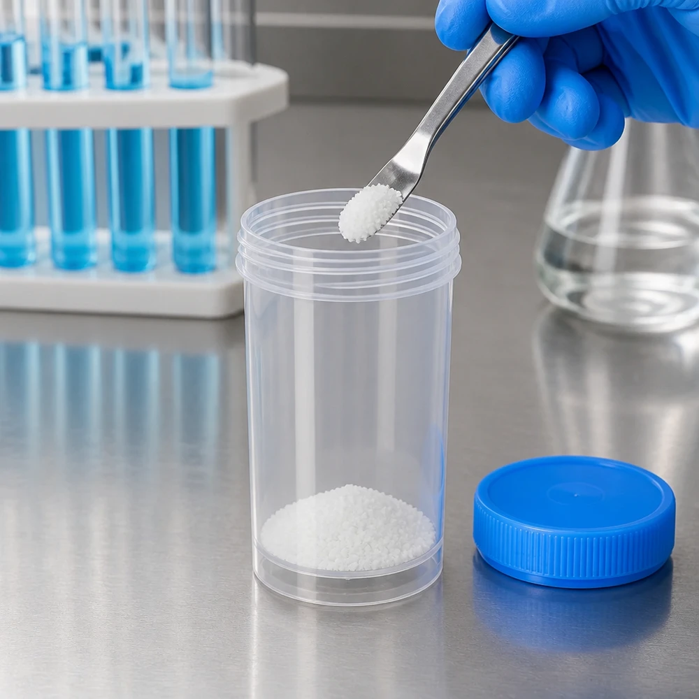 Universal Kunststoffdose (Pathogefäss) 100ml Durchsichtige Weithalsdose 100ml neben Reagenzgläsern auf Edelstahlunterlage