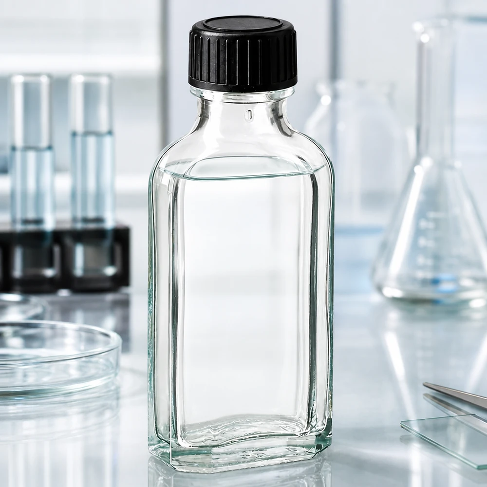 50 ml Meplat klar Schraubverschluss mit LKD-Dichtscheibe Kleine Vierkantflasche 50ml klar mit LKD-Dichtscheibe neben Erlenmeyerkolben und Reagenzgläsern
