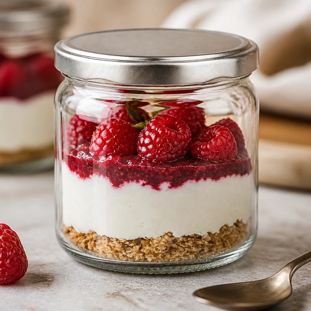 408ml Rundglas mit BasicSeal Deckel silber UNiTWIST 408ml Rundglas BasicSeal silber als Dessertglas mit Himbeer-Schichtdessert Mascarpone Keksboden Nachtischglas