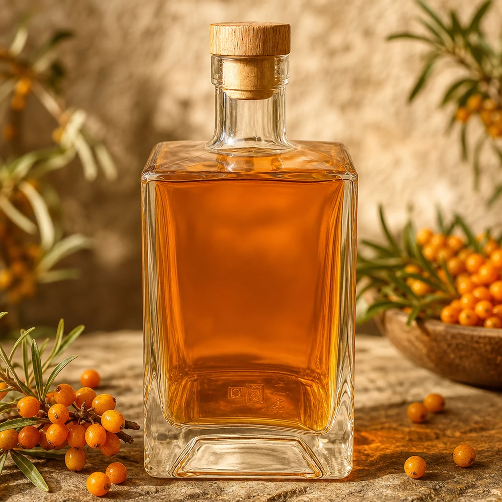 700ml Glasflasche Ben mit orangefarbenem Sanddornlikör gefüllt zwischen Sanddornbeeren natürliche Dekoration UNiTWIST Ho