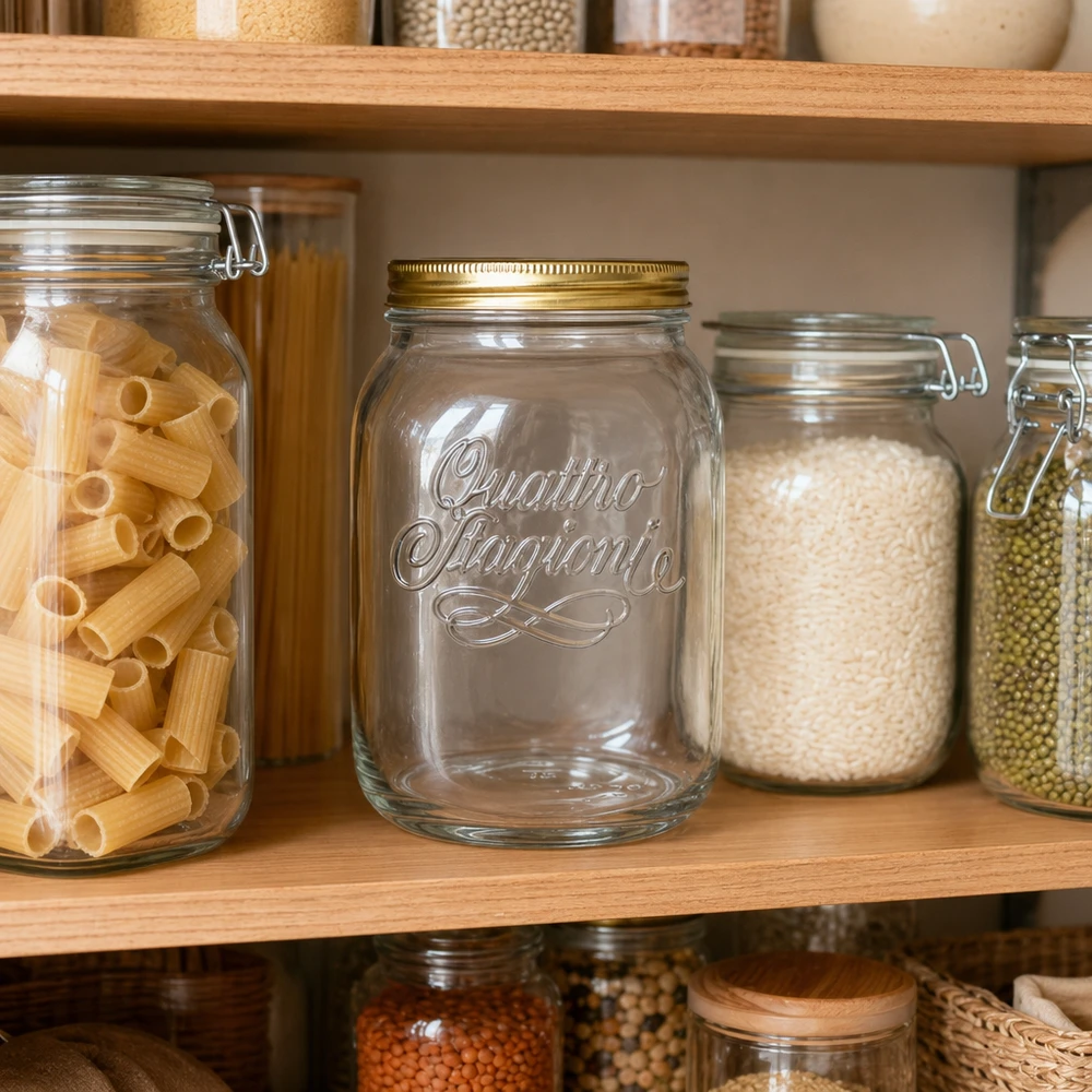 Quattro Stagioni 2L Vorratsglas in organisierter Küchenpantry mit Pasta und Reis - praktisches Aufbewahrungsglas