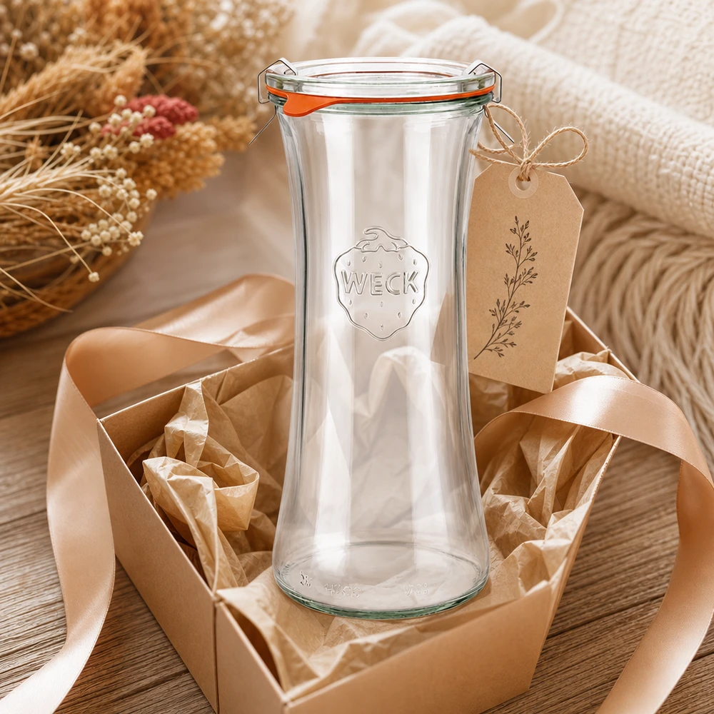700ml Delikatessenglas komplett WECK RR80 WECK Delikatessenglas 700ml RR80 als Geschenk verpackt mit Schleife und Anhänger in rustikaler Dekoration