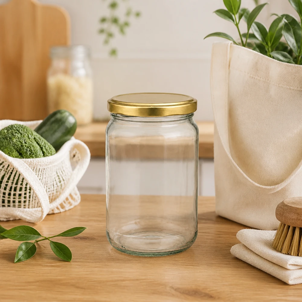 305ml Rundglas mit BasicSeal Deckel gold UNiTWIST 305ml Rundglas UNiTWIST mit goldenem Deckel in nachhaltiger Küche zwischen Öko-Produkten und Naturmaterialien