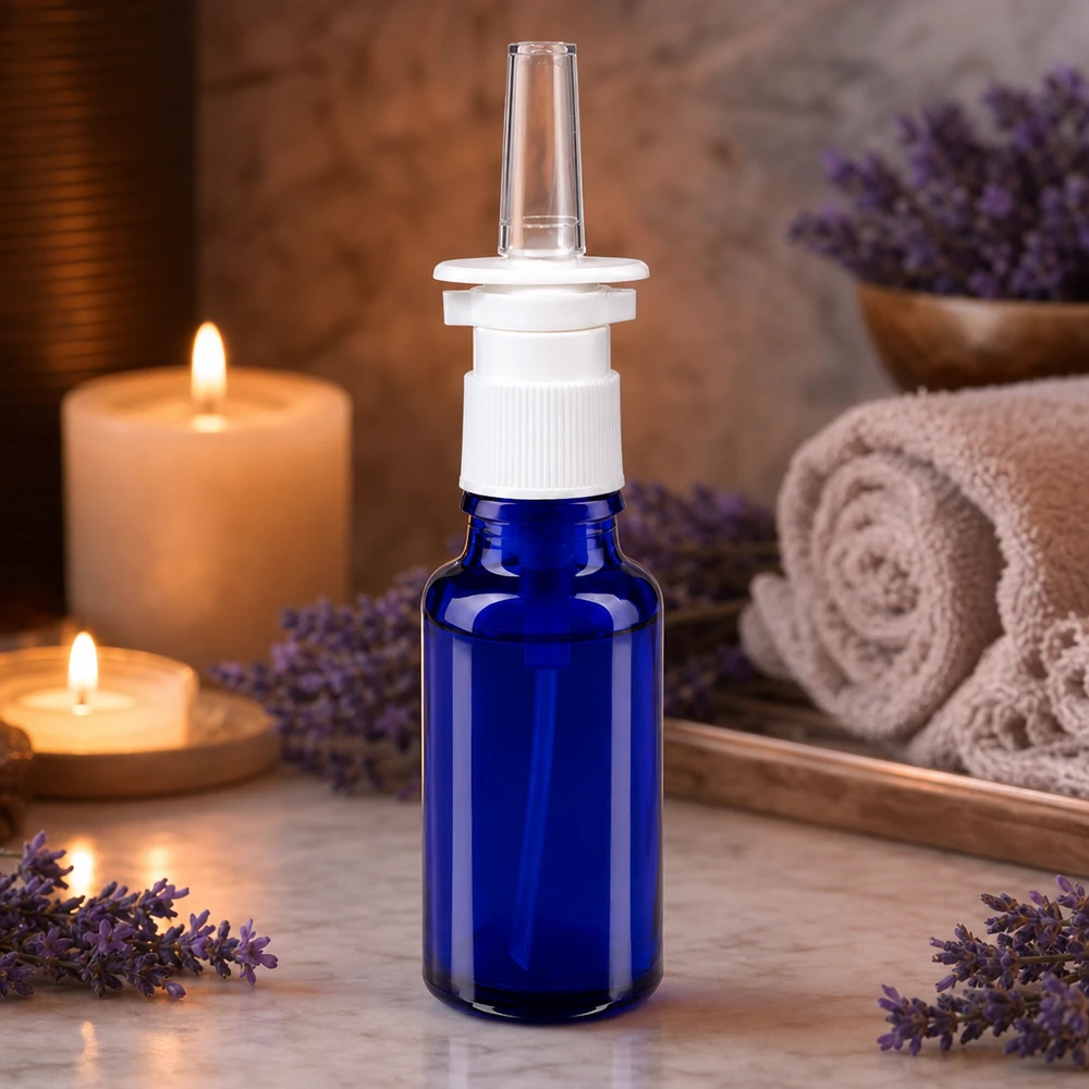 Apotheken-Nasenspray-Behälter 20ml in Blauglas mit Lavendeldekoration und Kerzen im Hintergrund