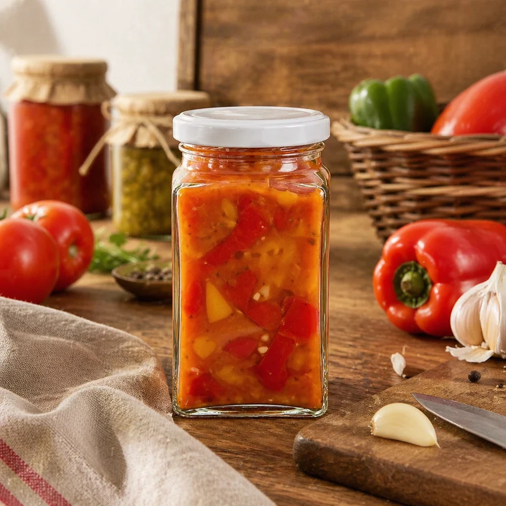 260ml Tetraglas BasicSeal mit Gemüseaufstrich gefüllt neben Paprika Tomaten und Knoblauch rustikale Küche Einmachen