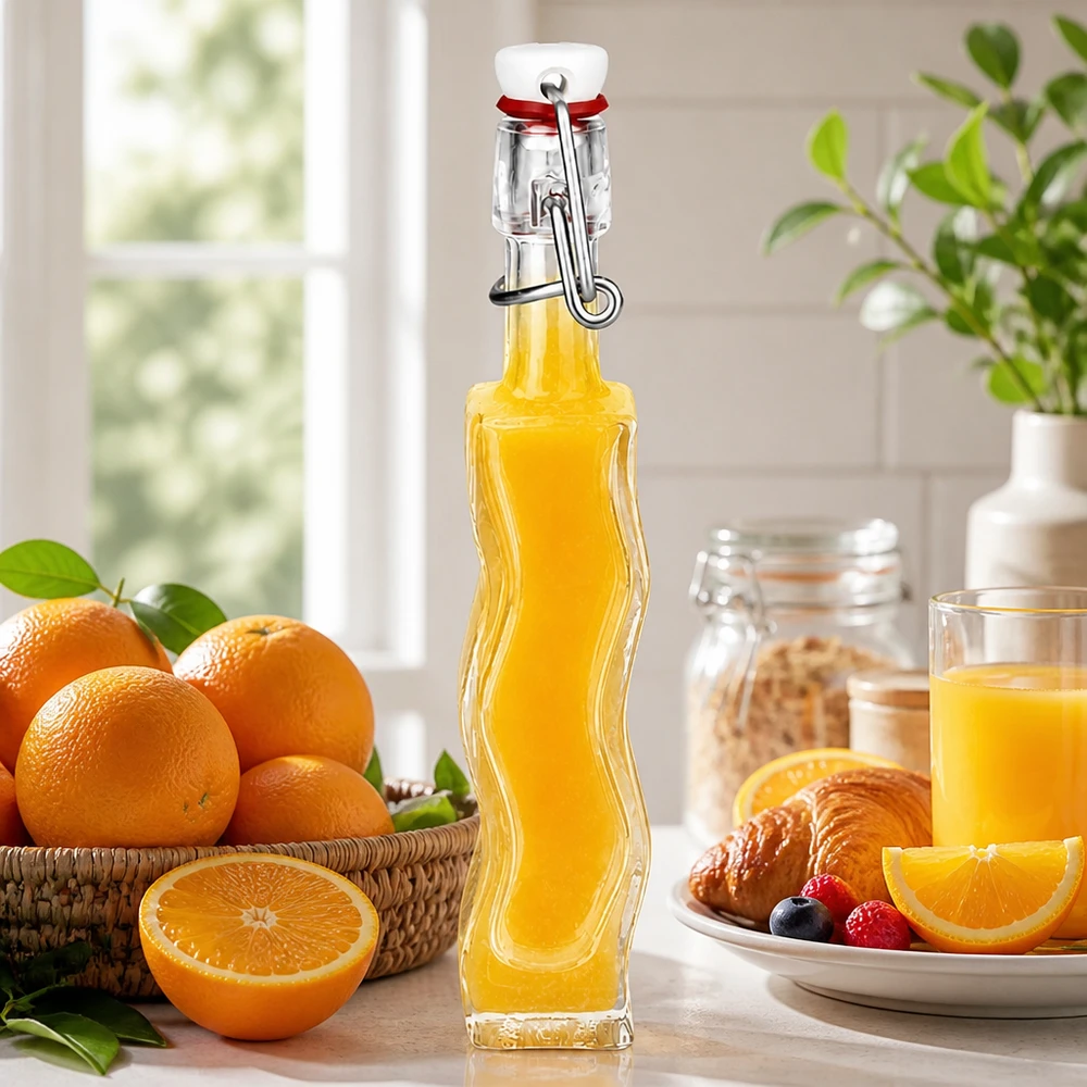 40ml Glasflasche Anna mit orangefarbener Füllung neben frischen Orangen und Croissants in sonniger Küchenszene