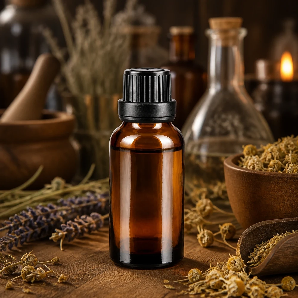 Apothekerglas 20ml in Braun mit 2mm Tropföffnung neben Kamille und Lavendel auf Holzuntergrund