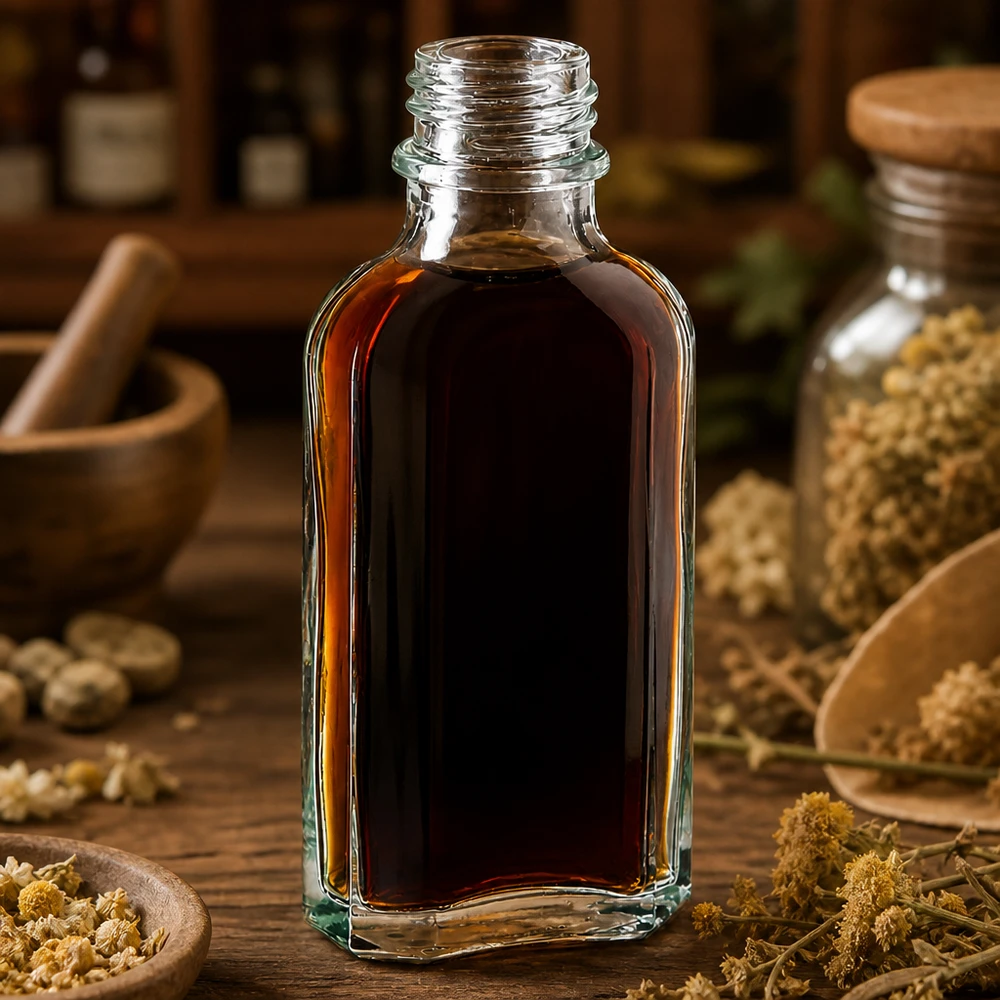 Meplatflasche 50 ml klar mit ätherischem Öl zwischen getrockneten Heilkräutern