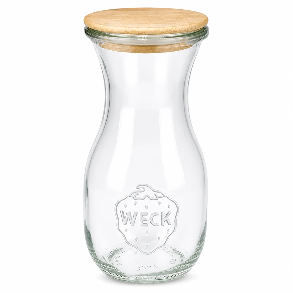 WECK Saftflasche 290ml aus Glas mit Holzdeckel und geprägtem Logo auf weißem Hintergrund