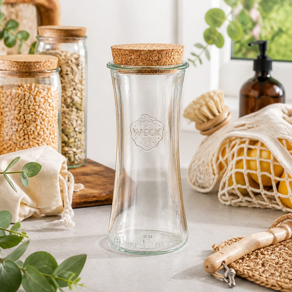 700ml Delikatessenglas WECK RR80 mit Korken natur WECK RR80 Delikatessenglas 700ml leer mit Korkdeckel in nachhaltiger Zero-Waste Küche zwischen Vorratsgläsern