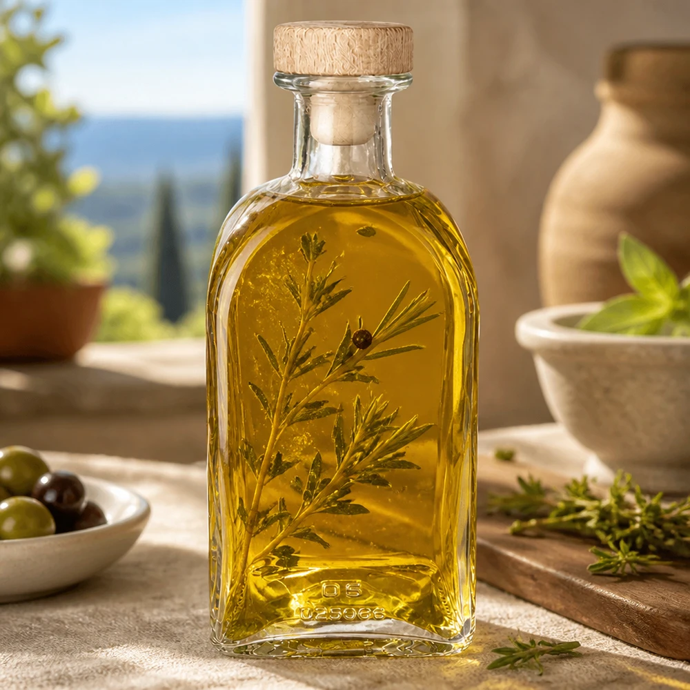 500ml Glasflasche Julia mit Kräuteröl gefüllt mediterrane Küche Olivenöl Rosmarinzweige Holzkorken Deko