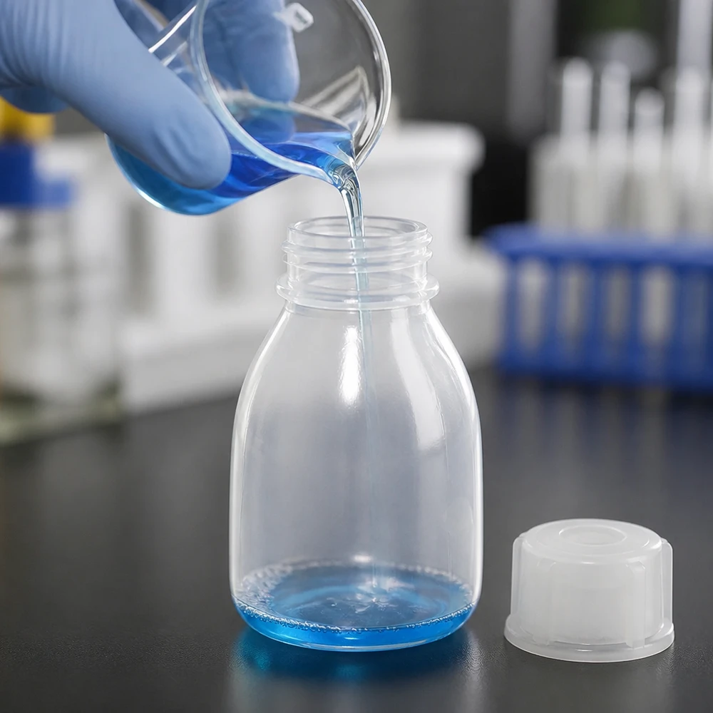 Befüllung einer 10ml Enghals Laborflasche mit blauem Reagenz neben Reagenzglasständer