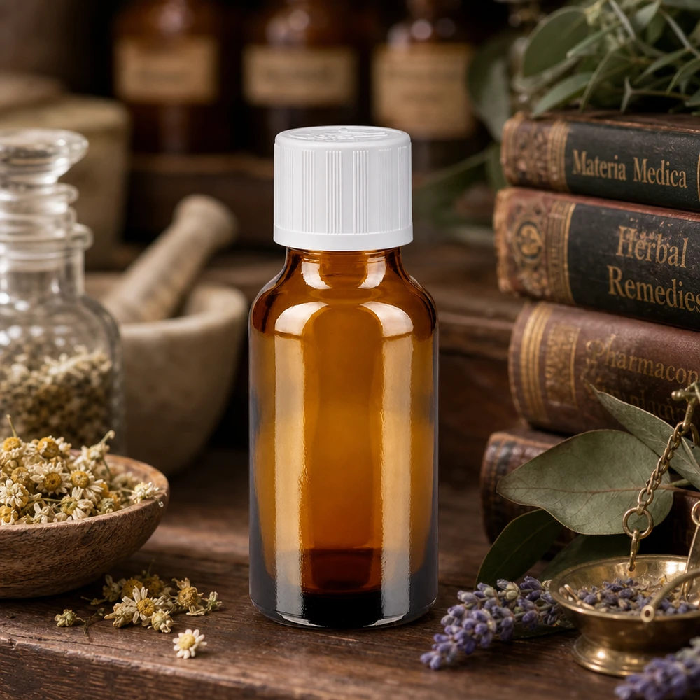 Klassische 20ml Apothekerfl aus UV-schützendem Braunglas mit weißem KiSi-Verschluss auf Holzuntergrund