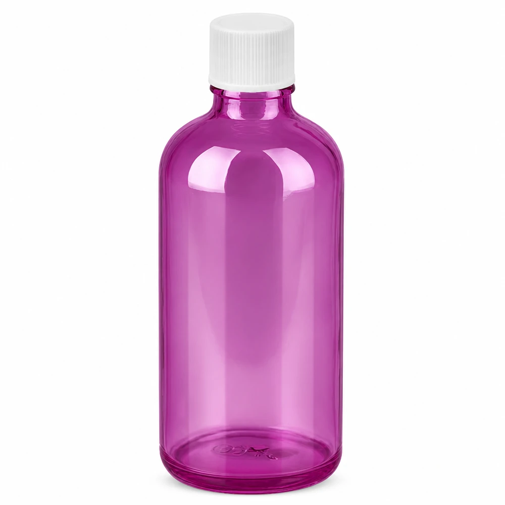 100ml Flasche 11mm Schraubverschluss weiss Standard PurpleLine UT18/100 Runde 100ml Glasflasche in Purple mit weißem Verschluss für sichere Aufbewahrung von Flüssigkeiten