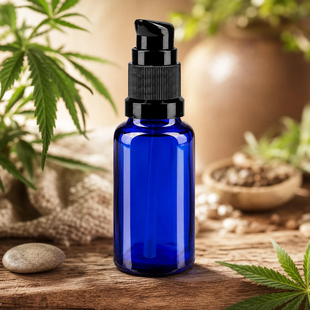 Zylindrische blaue Glasflasche 20ml mit schwarzer STD Pumpe auf Holzuntergrund mit Steinen