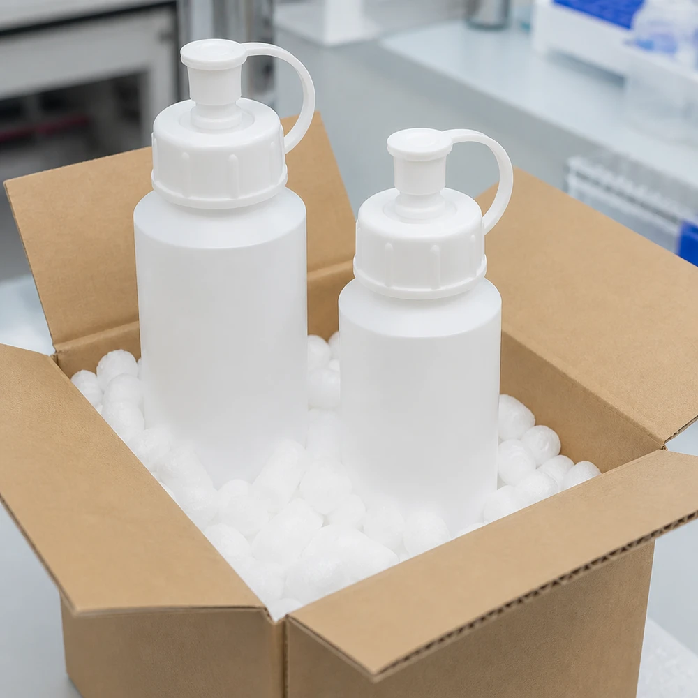 HDPE Flaschen mit weißem Spritzverschluss und Sicherheitsbügel in professioneller Transportverpackung