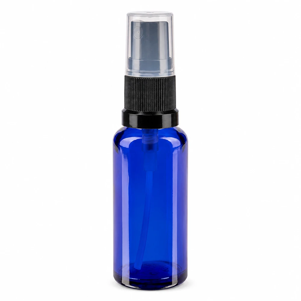 Apothekenflasche blau 30ml Sprayaufsatz schwarz Kleine blaue Sprühflasche aus Apothekenglas 30ml mit schwarzem Zerstäuber und klarer Kappe