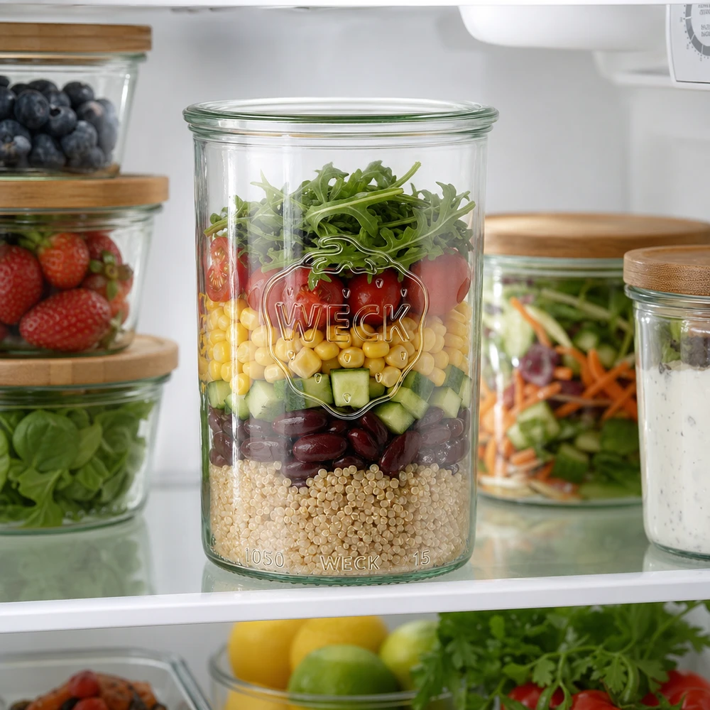 1000ml WECK Sturzglas RR100 mit buntem Schichtsalat im Kühlschrank - perfekt für Meal Prep und frische Aufbewahrung
